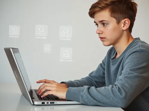 Teenager using a laptop with digital interface overlays